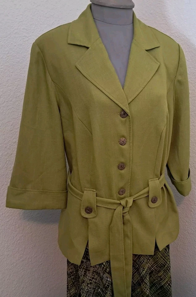 Vtg Dana Kay Skirt Suit Set Womens Sz 16W Green Belted Jacket Abstract Skirt - Image 1 of 4