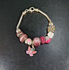 Signed Zable Stylish Charm Bracelet 925 Italy Murano Glass Pink Butterfly