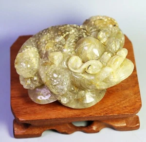 Natural Polished Titanium Rutilated Quartz Crystal Stone Carved Golden Toad - Picture 1 of 11