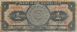 México 1 Peso 3.9.1954 Series EK Prefix A Circulated Banknote LB11 - Picture 1 of 2