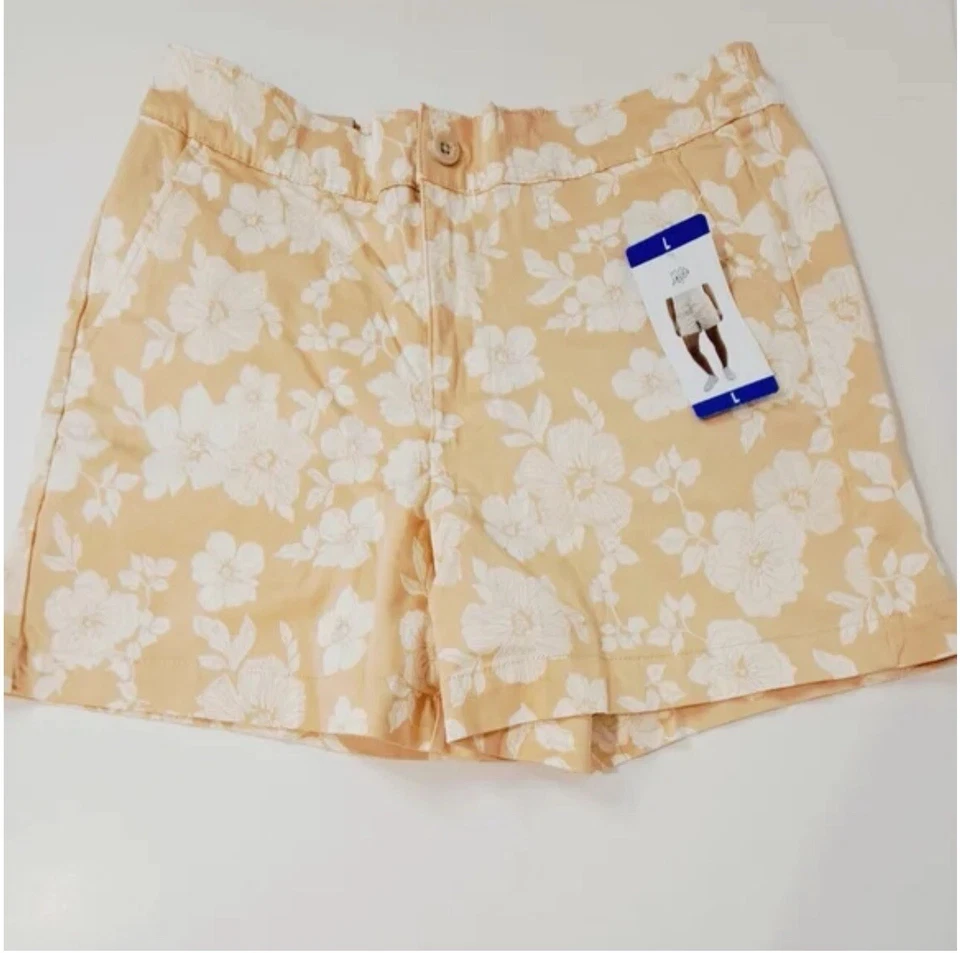 Jachs New York Girlfriend Chino Shorts Stretch Satin Floral Womens Size L Tan.