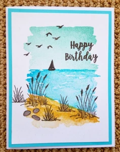 CARD KIT Handmade HAPPY BIRTHDAY Ocean, Beach, Lake Scene 4 Cards/Envelopes - Picture 1 of 3