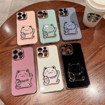 For iPhone MOTO Lucky Cat 6D Plating Cute Cartoon Stand Soft Phone Case Cover - Image 1 of 4