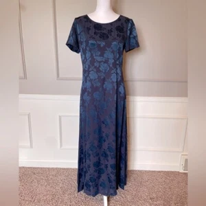 Vintage Laura Ashley long dress 8 jacquard acetate floral navy sheen tea 90s Y2K - Picture 1 of 5