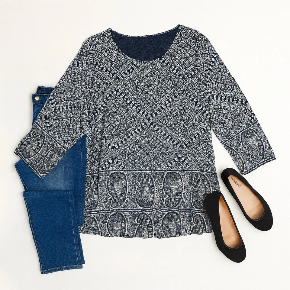 Túnica floral Lucky Brand 3X azul marino boho cachemira manga 3/4 cottagecore Foto 1 de 4