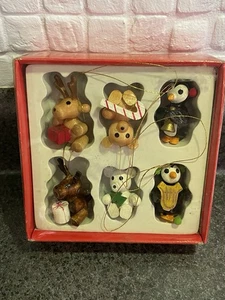 Vintage Wee Wood Pets Dakin Waldtier Weihnachtsschmuck Pinguin Elch - Bild 1 von 7