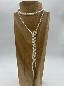 Vintage Cream Faux Pearl Long Rope Flapper Necklace Tassels Hand Knotted 110cm - Picture 1 of 24