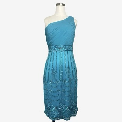 Сью Вонг ноктюрн бирюзовый одно плечо плиссированные сетки бисером русалка сказочное платье sz S - Изображение 1 из 4