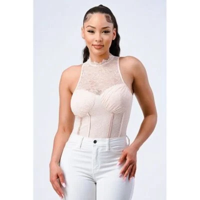 Body Privy Feminino Médio Rosa Renda Gola Alta Espartilho Bustier Top Novo com etiquetas - Imagem 1 de 4