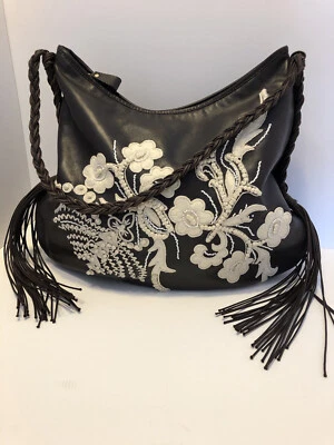 BOLSO HOBO DESMO MARRÓN OSCURO CUERO SUAVE, BORDADO, BORLAS, ¡HECHO EN ITALIA! Foto 1 de 4