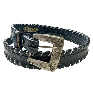 Vintage Nocona Gr. 28 dunkelblau silber Peitschenstich Schnalle Western Leder Gürtel - Bild 1 von 7