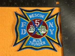F1-59 NEW YORK FIRE DEPARTMENT PATCH - RESCUE 5 - BLUE THUNDER - CROSSED BOLTS - Picture 1 of 2