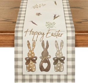 Buffalo Plaid Bunny Happy Easter Table Runner, Seasonal Spring Kitchen Dining Ta - Picture 1 of 12