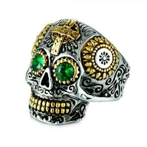 ANILLO CALAVERA DE AZÚCAR Mexicano Día de Muertos Cabeza Esqueleto Ojos Verdes Acero Inoxidable - Imagen 1 de 19