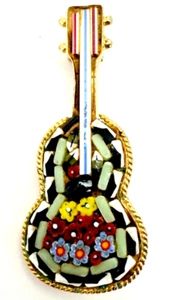 Italian Micro Mosaic Tile Guitar Brooch Vintage - Picture 1 of 4