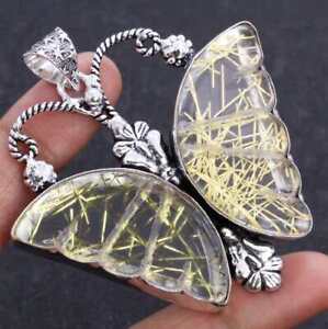Golden Rutile Butterfly 925 Silver Plated Handmade Pendant of 2" Ethnic
