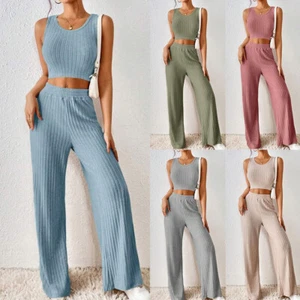 2PCS Womens Sexy Long Sleeve Solid Slim Fit Vest Wide Leg Pants Sets Sets Outfit - Picture 1 of 35