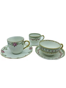3 Antique Unmatched Limoges Porcelain Demitasse Tea Cups Swags Pink Roses Flaw - Picture 1 of 10