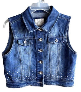 Justice Girls Denim Vest w/Bling and Cat Machine Embroidered on Back Size 12/14 - Picture 1 of 6