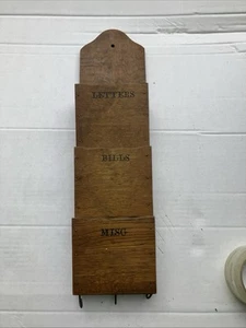Vintage Wood Mail Organizer Letter Bills Misc Key Holder Wall Mount Mail Rack - Picture 1 of 3