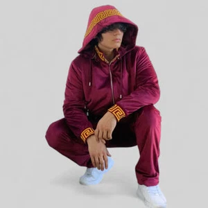 Men’s Manzini Burgundy | Gold Velvet Hooded Causal Tracksuits Outfits Sets NWT - Picture 1 of 14