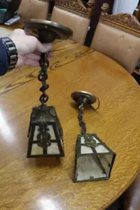 Pair Antique Pendant Arts & Crafts Ceiling Light Fixture Slag Glass Shade No 2 - Picture 1 of 11