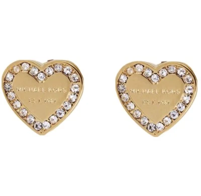 MICHAEL KORS Gold Tone Pave Crystals Heart Love Studs Earrings Gift Pouch - Image 1 of 4