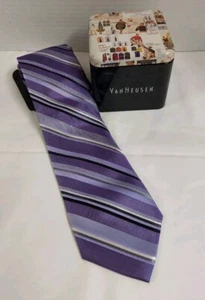 Van Heusen Silk Purple Striped Neck Tie w/ Gift Tin NOS - Picture 1 of 7