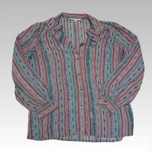 Retro 70s Patterned Blouse Sheer Chiffon Womens Medium Large Asian Striped Blue - Picture 1 of 9