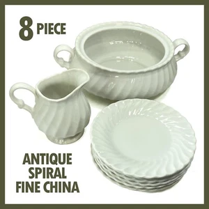 8 Pc. Lot of Antique Swirl Patterned Fine China: Gravy Bowl & Server + 6 Saucers - Picture 1 of 10