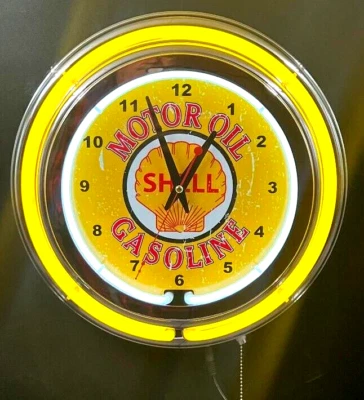 Shell Gas Motor Oil Sign 15" Yellow Double Neon Clock Chrome Finish Gasoline - Image 1 of 2