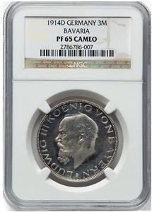 Top Pop! 1914 D Germany Bavaria 3 Mark NGC PR65 Cameo Proof Silver Coin - Picture 1 of 2