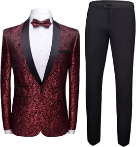 Men's Suit Slim Fit Floral Red 2 Piece 2XL 46R 38W Shawl Lapel 1 Button - Picture 1 of 4