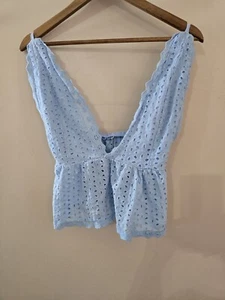 Women's Eyelet Lace Blue Sz S Halter Top V-neck Spaghetti Straps Sleeveless - Picture 1 of 11