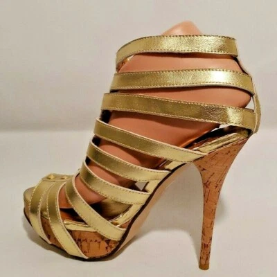 NYLA Poca Gold Studded Peep Toe Cork Stiletto Pump 6.5" High Heels Women, 8.5M - Image 1 of 4