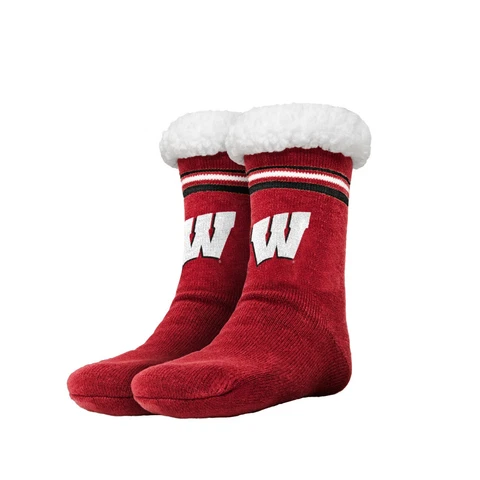Wisconsin Badgers Women's Stripe Logo Tall Footy Slippers New Size 6-10 Non Skid Cover