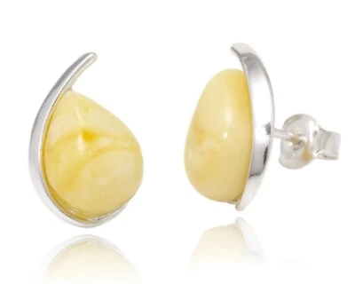 ÁMBAR BÁLTICO NATURAL Joyería PLATA ESTERLINA 925 Blanco Lácteo Pendientes Tachuelas Ovalados Foto 1 de 4