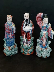 Estatuillas antiguas de porcelana rosa de la familia china de 3 inmortales, 6,5 pulgadas - Imagen 1 de 12