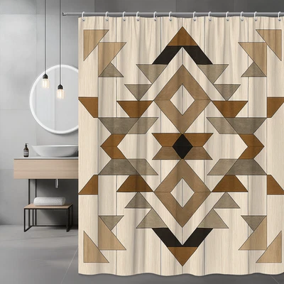 Cortina de Ducha Geométrica en Tonos Marrón y Beige, Tela Impermeable Foto 1 de 4