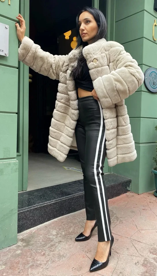 Women's Leather Pant White Stripe On Side 100% Lambskin Jogging Stylish Pant - Image 1 of 4