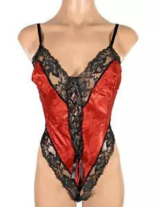 Vintage rot schwarz Wetlook Satin Teddi hoch geschnitten Teddy Strampler Body Dessous 90er S - Bild 1 von 8