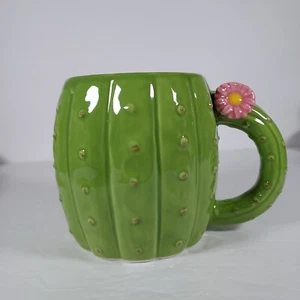 Pier 1 Cactus Shape Textured Coffee/Tea Cup Mug Green Stoneware Ceramic Flower - Picture 1 of 12