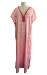 FERNANDO SANCHEZ Caftan Pink Cotton Jacquard Crochet Trim Women's Size L - Picture 1 of 13