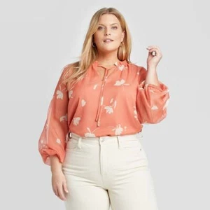 Women's Plus Size Floral Print Balloon Long Sleeve Blouse Ava & Viv Size X (14W) - Picture 1 of 8