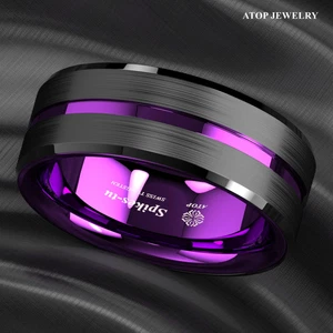 8/6mm Black Tungsten Carbide Thin Purple Line Wedding Band Ring ATOP Men Jewelry - Picture 1 of 14
