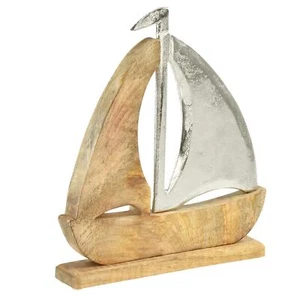 Deko Schiff Segelboot Holz Silber Metall Maritim Mangoholz 16,5x4x18,5cm - Bild 1 von 3