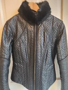 Moda International Quilted Leather Jacket Removable Faux Fur Collar Sz Small EUC - Picture 1 of 15