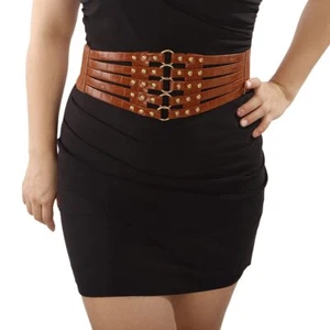 Pu Leather Wide Waist Belt Layered Hollow Out Rivets Cinch Belt Fashion Dress... - Picture 1 of 5