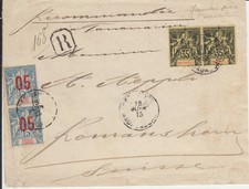 Madagaskar, Moheli, Grande-Comore, seltene 3-Länder-Frank. R-Brief >Schweiz 1915