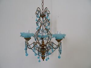 ~French Murano Blue Bobeches Drops & Beads Opaline Beaded Chandelier, c 1920~